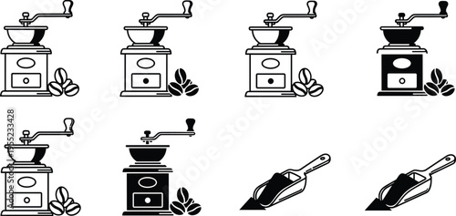 Vintage Coffee Grinder Icon Set Featuring Manual Hand Crank Mills Coffee Beans and Measuring Scoops for Cafe Branding Bakery Menus and Kitchen Retro Vector Designs