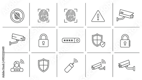 Security and Surveillance Icon Set Featuring Fingerprint Scanners, CCTV Cameras, Padlocks, Password Protection, and Data Shield Symbols for Digital Safety Designs