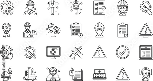 Construction Worker Safety and Quality Control Icons Set for Site Management, Tools, and Risk Identification