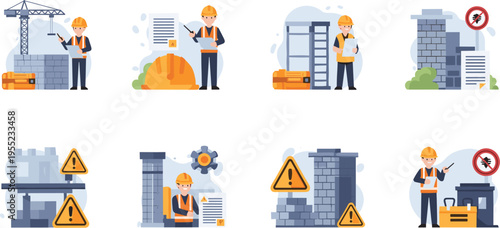 Construction Site Management and Safety Icons Set for Workers, Risk Control, and Building Projects