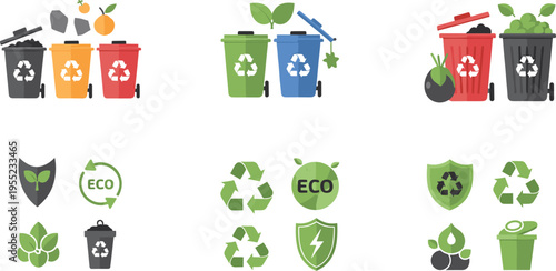 Fotografie Eco-Friendly Recycling Bins Icon Set for Organic Waste, Plastic, Paper, and Glas