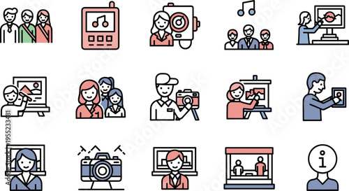 Museum Visitor Experience Icon Set Featuring Audio Guides, Photography, Art Exploration, and Interactive Activities for Educational and Cultural Tourism