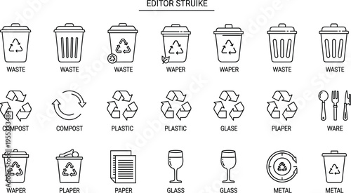 Recycling and Waste Management Icon Set Featuring Bins for Plastic, Paper, Glass, Metal, Compost, and General Waste for Environmental Sustainability