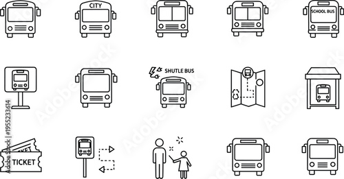 Public Bus and Transportation Icon Set Featuring City Buses, School Buses, Tickets, Stops, and Shuttle Services for Transit and Commuting Designs