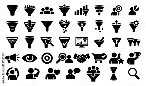 Marketing Funnel Analytics Icons Set – Sales Pipeline, Conversion, Customer Journey, CRM Silhouettes