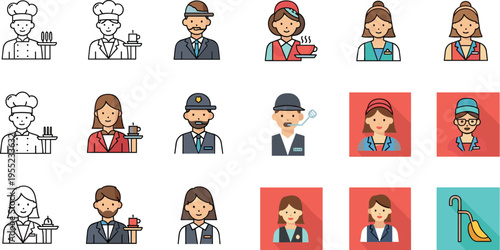 Hospitality and Service Icon Set Featuring Chefs, Waitstaff, Bartenders, and Housekeepers for Hotel, Restaurant, and Service Industry Designs