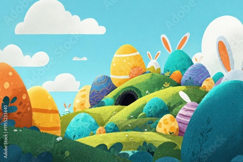 Easter Eggs on Green Hill with Bunny Ears