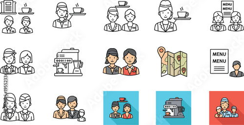 Restaurant and Customer Service Icon Set Featuring Staff, Coffee, Menus, and Service Interactions for Hospitality and Business Designs