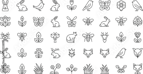 Wildlife and Nature Icon Set Featuring Rabbits, Birds, Butterflies, Flowers, Foxes, and Deer for Environmental and Natural Designs