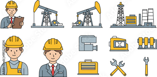 Oil Industry Icon Set Featuring Engineers, Oil Rigs, Tools, and Industrial Equipment for Energy Sector and Construction Designs