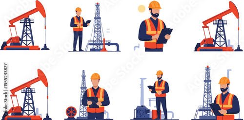 Oil Rig and Worker Icon Set Featuring Pumpjacks, Drilling Equipment, and Industrial Operations for Oil and Energy Industry Designs