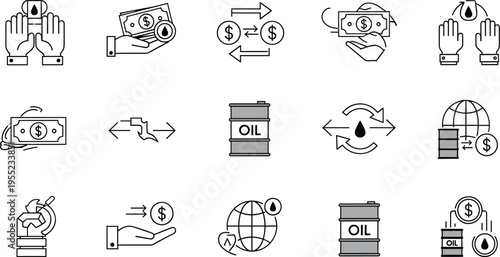 Oil and Currency Exchange Icon Set Featuring Money Transfer, Global Trade, and Oil Barrel Transactions for Financial and Logistics Designs
