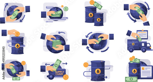 Supply Chain and Financial Transaction Icon Set Featuring Currency Exchange, Oil Barrels, and Global Trade for Business and Logistics Designs