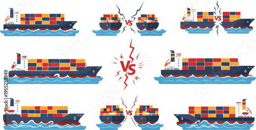 Container Ship Icon Set Featuring Shipping Vessels in Combat, Crash, and Conflict Scenarios for Maritime and Transport Designs