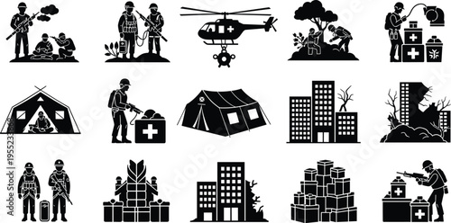 Military and Humanitarian Aid Icon Set Featuring Soldiers, Helicopters, Medical Kits, Disaster Relief, and Crisis Management for Emergency Response