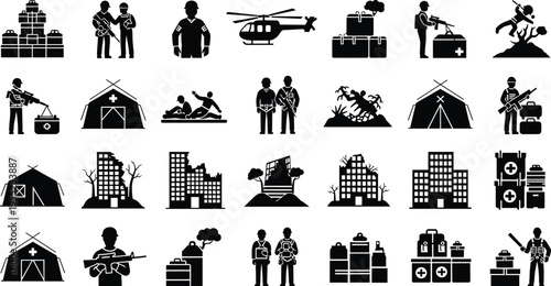 PrintMilitary and Humanitarian Aid Icon Set Featuring Soldiers, Helicopters, Medical Supplies, Disaster Relief, and Emergency Response for Crisis Management