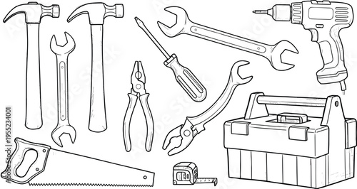 Toolbox Icon Set Featuring Hammers, Wrenches, Saws, Screwdrivers, Pliers, Drill, and Tape Measure for DIY and Construction Designs