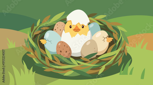 An adorable chick hatching from a nest surrounded by colorful eggs, simbolizing new beginnings, life, and the cheerful wonders of nature during springtime.