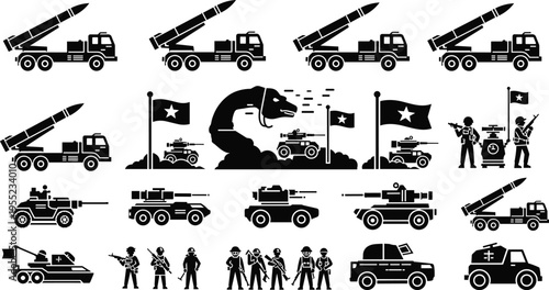 Military Icon Set Featuring Tanks, Missile Launchers, Soldiers, Flags, and Combat Vehicles for Defense and Warfare Designs