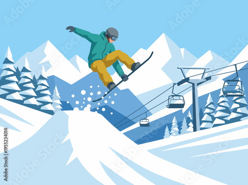 A dynamic winter scene captures a snowboarder in mid-air above a snowy slope, showcasing the thrill of snowboarding against a stunning mountain backdrop.