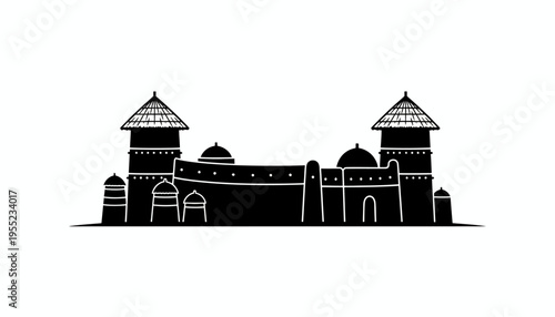 Silhouette of an ancient Indian fort with multiple towers and arched windows, symbolizing heritage and history