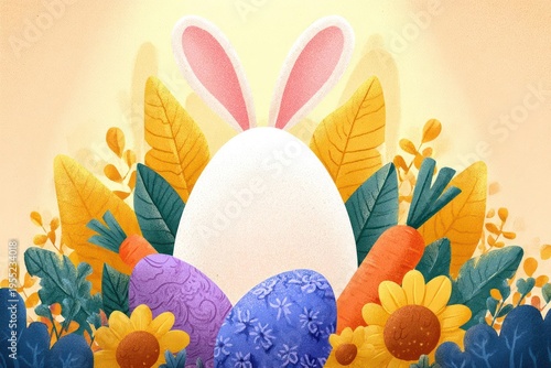 Easter Egg with Bunny Ears surrounded by Colorful Flowers and Leaves