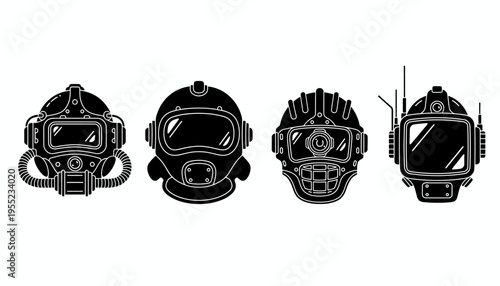 Set of four futuristic helmets or masks, icons in black and white style, representing different protective gear for extreme environments or science fiction scenarios