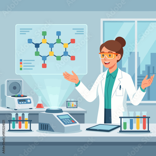 This image features a knowledgeable scientist explaining research findings in a contemporary laboratory, symbolizing innovation and the quest for knowledge in science.