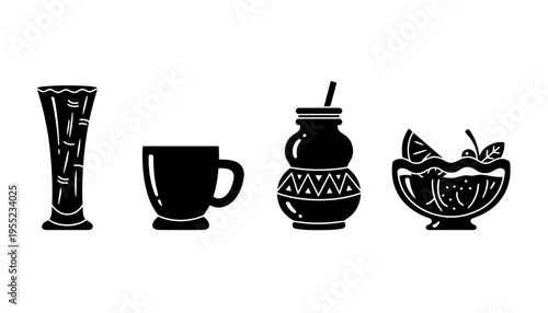 Collection of graphic icons mate gourd, coffee mug, tall glass, and fruit drink bowl. Ideal for various beverage-related design concepts and visual projects