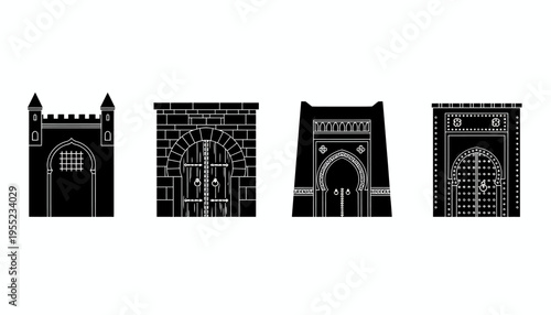 Vector silhouettes of diverse historical doors and gates. Four ornate ancient architectural entries with intricate details, representing cultural heritage and timeless style