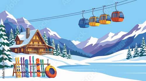 A picturesque winter landscape featuring a beautiful cabin, ski gear, and a scenic gondola ride above a snowy lake and mountain range, ideal for winter sports enthusiasts.