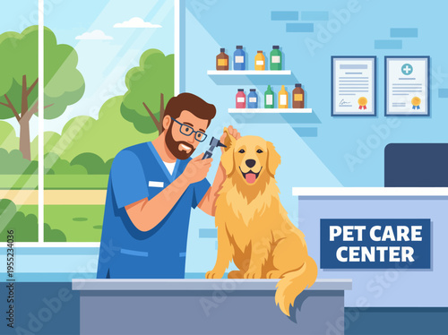 A dedicated veterinarian examines a golden retriever in a pet care center, showcasing the bond between humans and pets, emphasizing health and compassion in pet care.