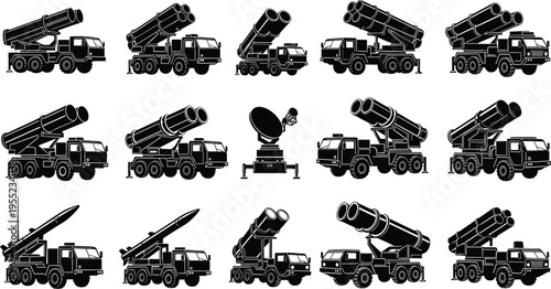 Missile Launcher and Transport Vehicle Icon Set Featuring Military Trucks, Rockets, and Launch Systems for Digital Designs