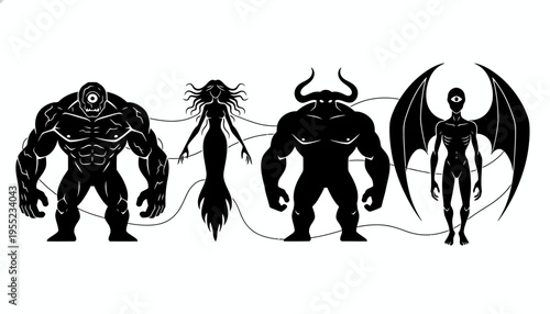 Diverse mythical creature silhouettes powerful cyclops, graceful siren, formidable minotaur, and mysterious winged being. Ideal for fantasy graphic design and storytelling visuals
