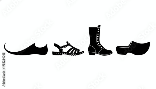Illustrative set of diverse footwear silhouettes, featuring an elegant slipper, summer sandal, robust boot, and traditional wooden clog