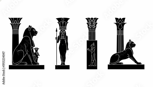 Illustrative collection of ancient Egyptian deities, mythical animals, and architectural pillars in a striking black silhouette design, ideal for historical and cultural themes