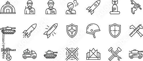 Military and Defense Icon Set Featuring Soldiers, Tanks, Rockets, Shield, Armor, Weapons, and Emergency Response for Digital Media Designs