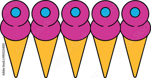 Symmetrical row of pink double scoop ice cream cones with blue dots on transparent background style