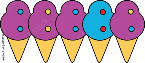 Five colorful ice cream cones with purple and blue scoops featuring circular sprinkles in flat style