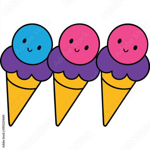 Three cute cartoon ice cream cones with smiling faces and colorful scoops in purple blue and pink