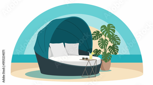 A chic outdoor lounge bed surrounded by serene colors, perfect for relaxation and leisure, along with tropical plants and a refreshing drink to enhance the tranquil experience.