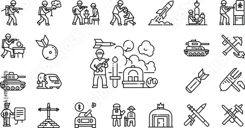 Military and Defense Icon Set Featuring Soldiers, Tanks, Rockets, Explosions, and Emergency Rescue Operations for Digital Designs