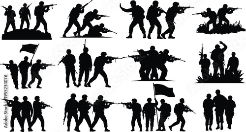 Silhouette Icon Set of Soldiers in Combat Poses, Marching, Flag Holding, and Tactical Operations for Military and Defense Designs