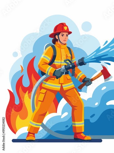 A heroic firefighter in bright orange gear bravely extinguishes flames with a hose while holding an axe, embodying courage and resilience in emergencies.