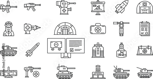 Military and Medical Icon Set Featuring Weapons, Tanks, Medical Supplies, and Emergency Services for Digital Designs and Websites