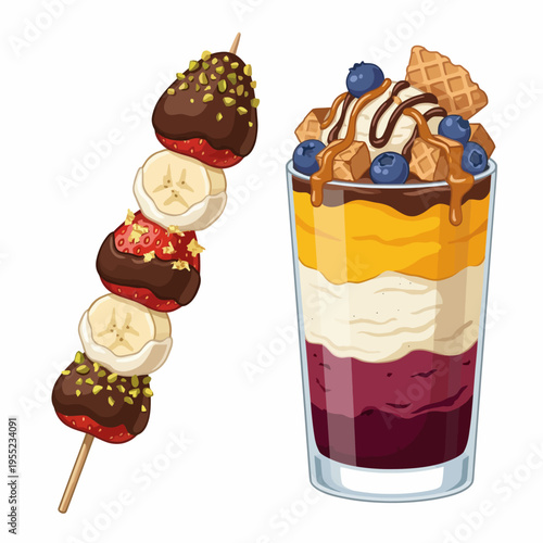 An enticing display of a fruit skewer and layered ice cream sundae, showcasing delicious flavors and vibrant colors, perfect for dessert lovers and food enthusiasts.