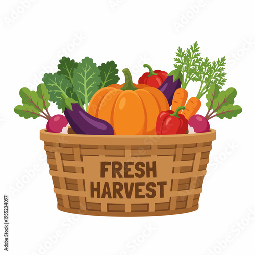 A bountiful basket overflowing with fresh, colorful vegetables like pumpkins and greens, representing sustainability and the joy of gardening during harvest season.