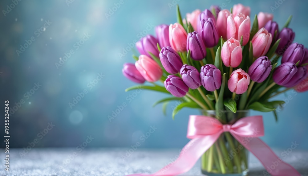 Obraz premium Vibrant bouquet of pink and purple tulips arranged in a glass vase with a satin ribbon. Softly blurred light blue background creates a cheerful, serene atmosphere.