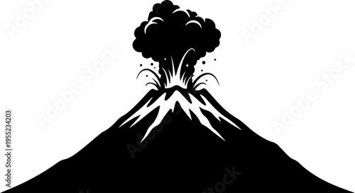 Black vector volcano icon erupting with smoke