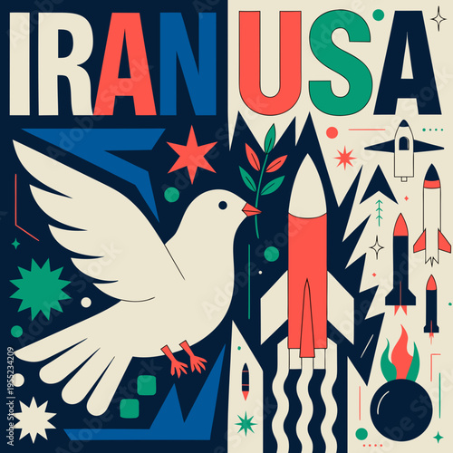 Creative vector illustration showing dove of peace versus missiles and weapons, split composition representing war and peace between Iran and USA, symbolic flat design
